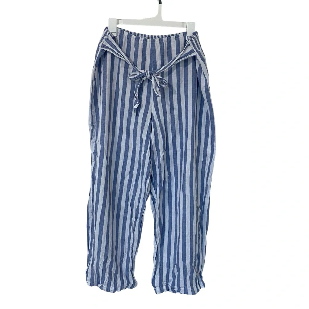 Beachlunchlounge Women’s Giavanna Linen Tie Blue and Cream Striped Pants Size XL - Picture 3 of 8